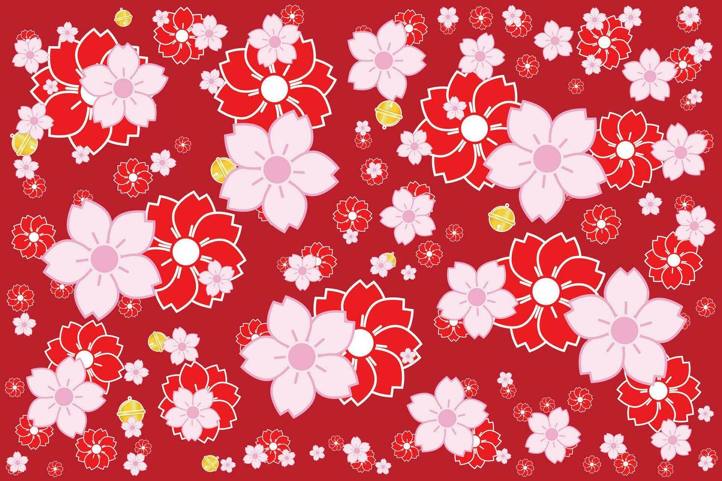 Illustration, Pattern of cherry blossom flower with small bell on red background. vector