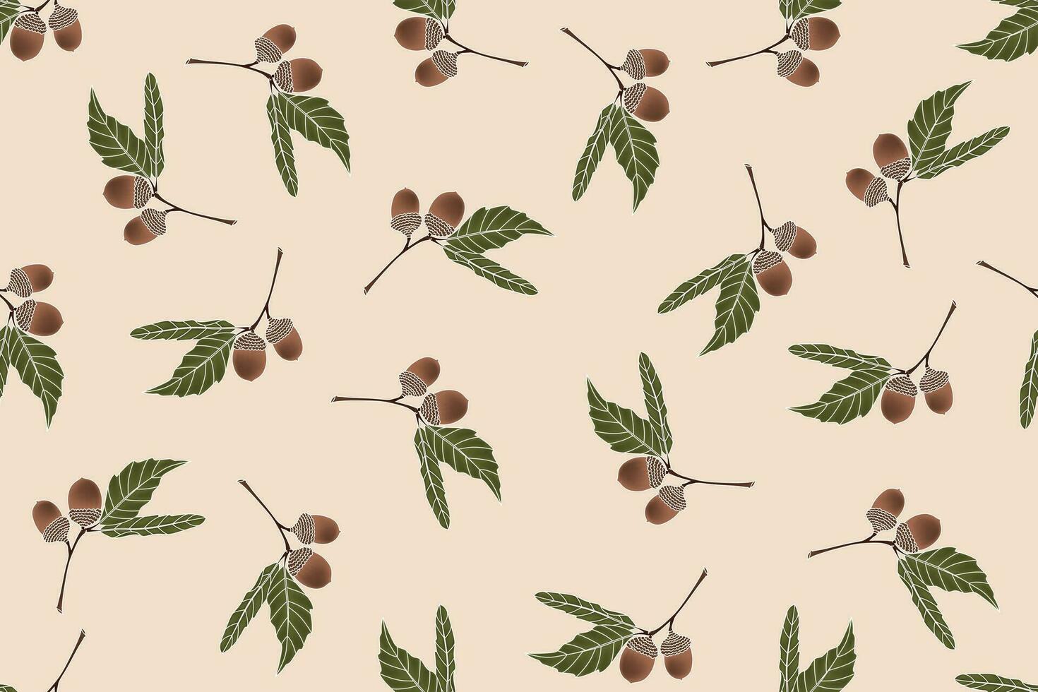 Illustration of oak fruit with leaves on soft brown background. vector