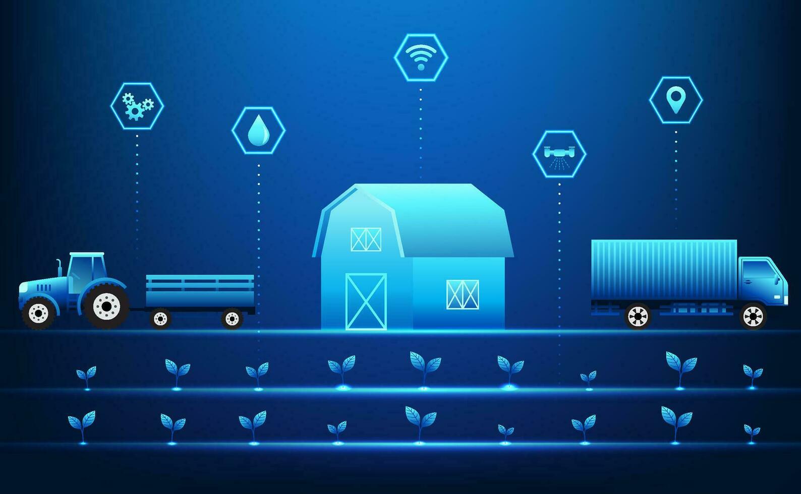 Smart Farm Farmers who use technology to control the operation of agricultural farms. Measure productivity growth, crop care, and product export temperature. Vector illustration