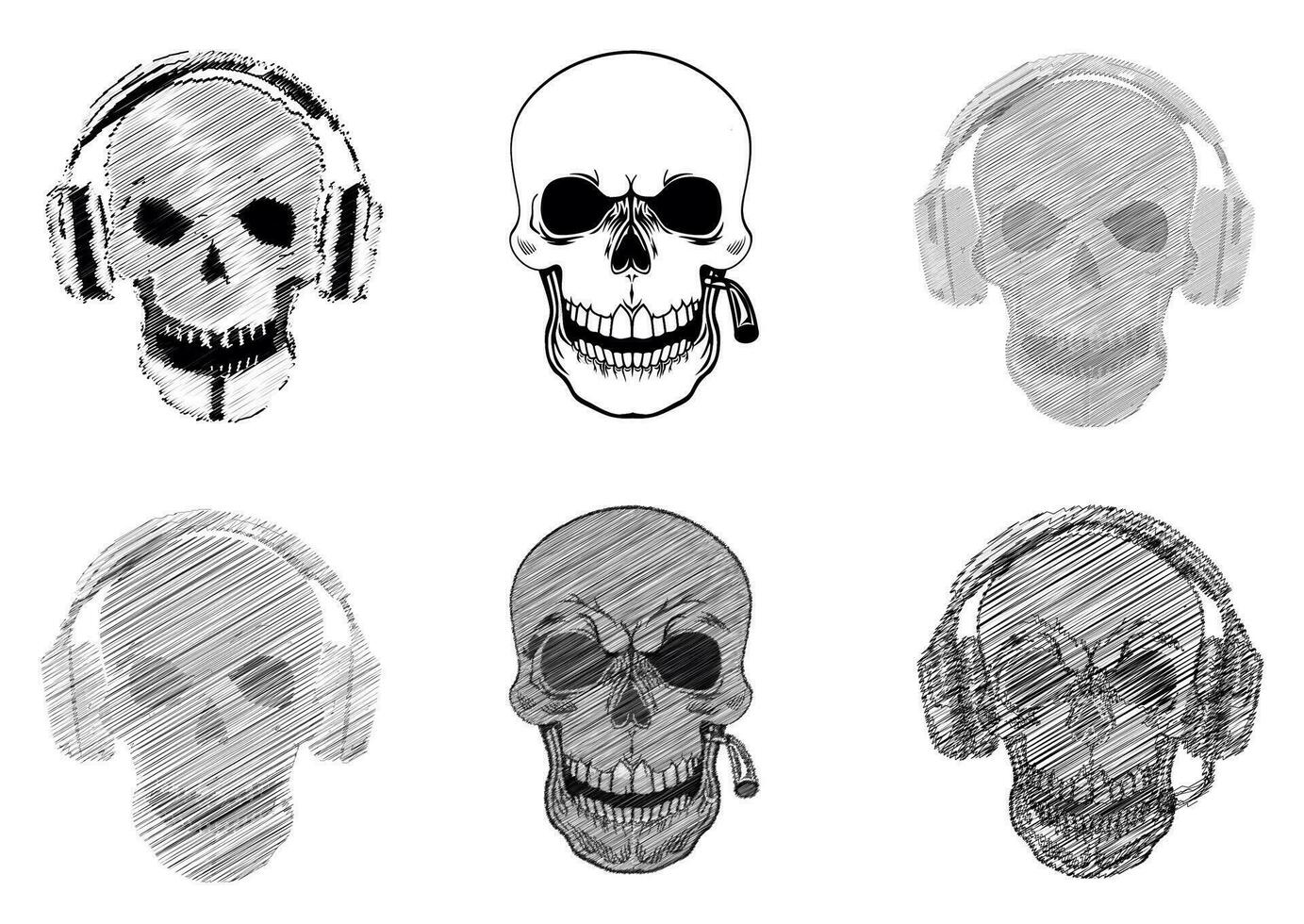 Set of a Human Skulls with Microphone and Cigratte Illustration vector