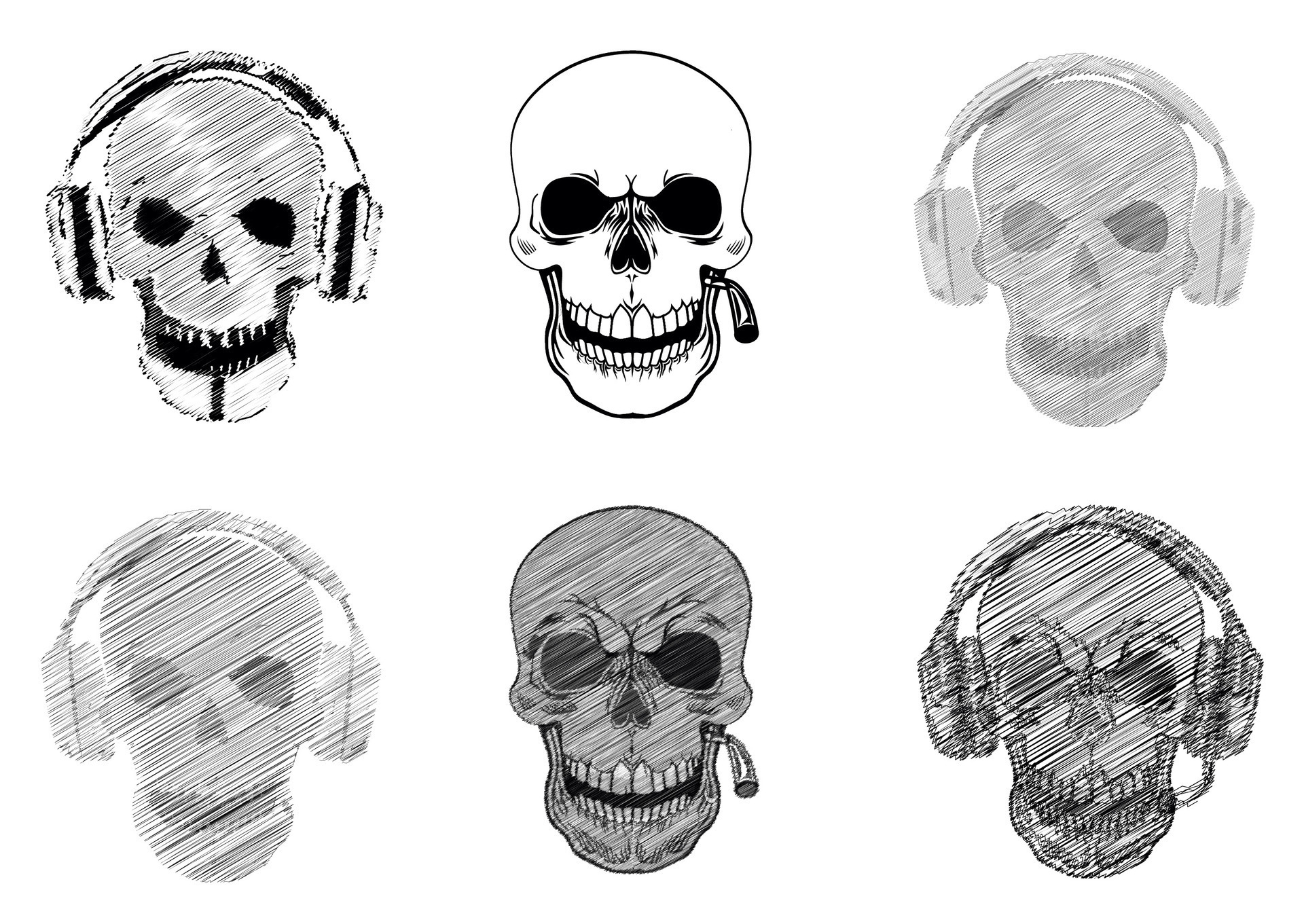Set of a Human Skulls with Microphone and Cigratte Illustration