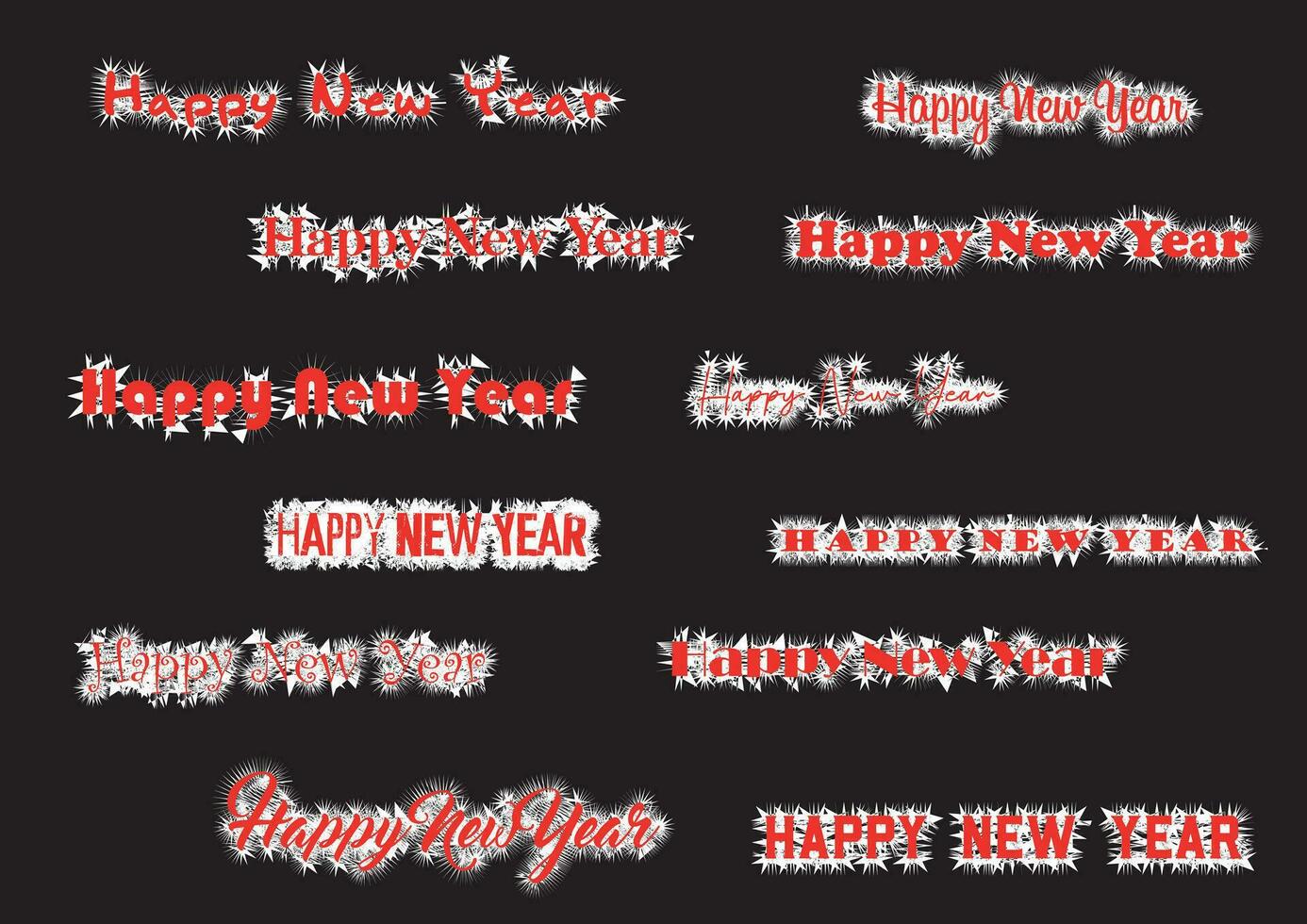 Set Of Happy New Year Text Design with Shiny and Spiky Label Design vector