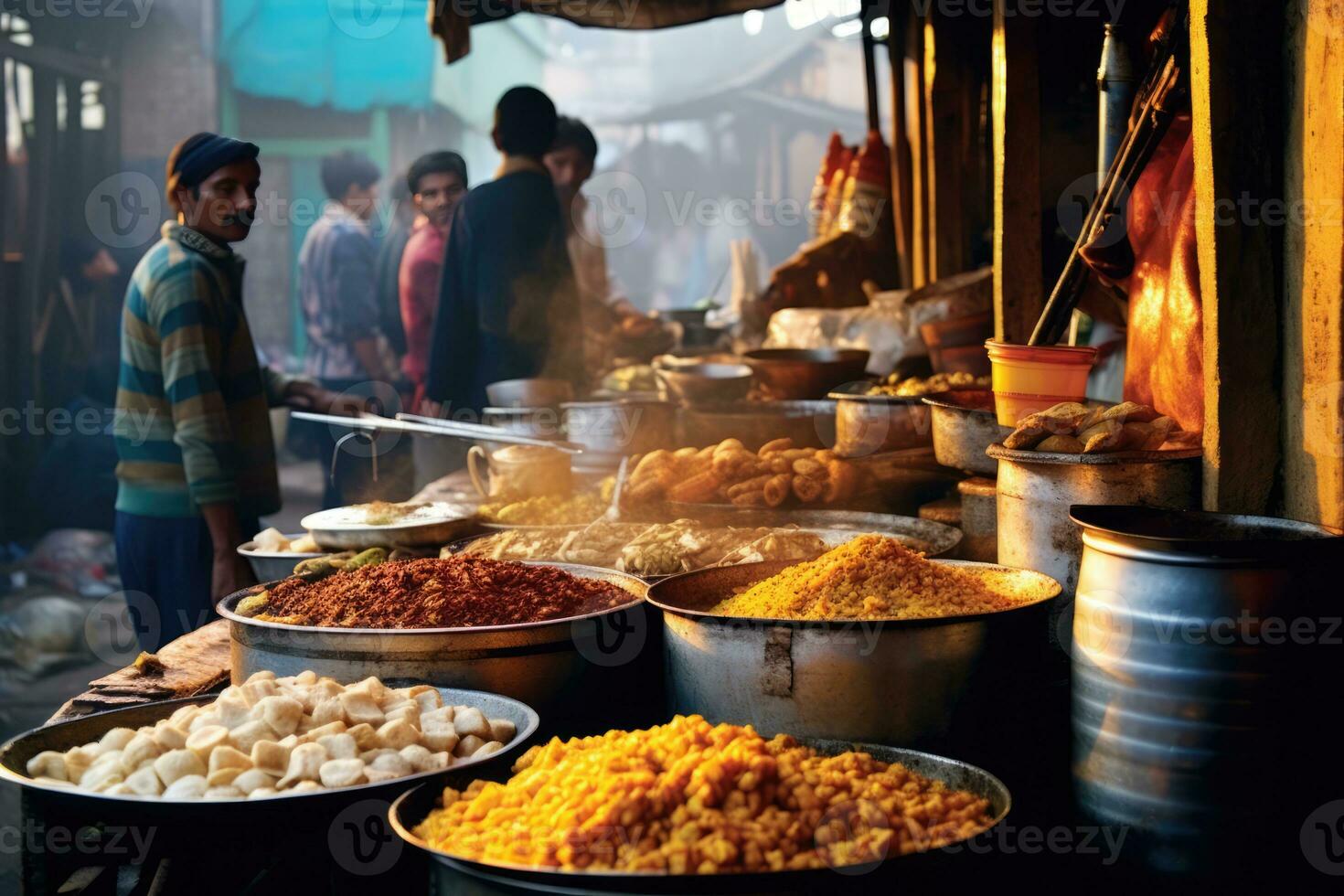 AI generated A bustling street food market with a variety of dishes to choose from photo