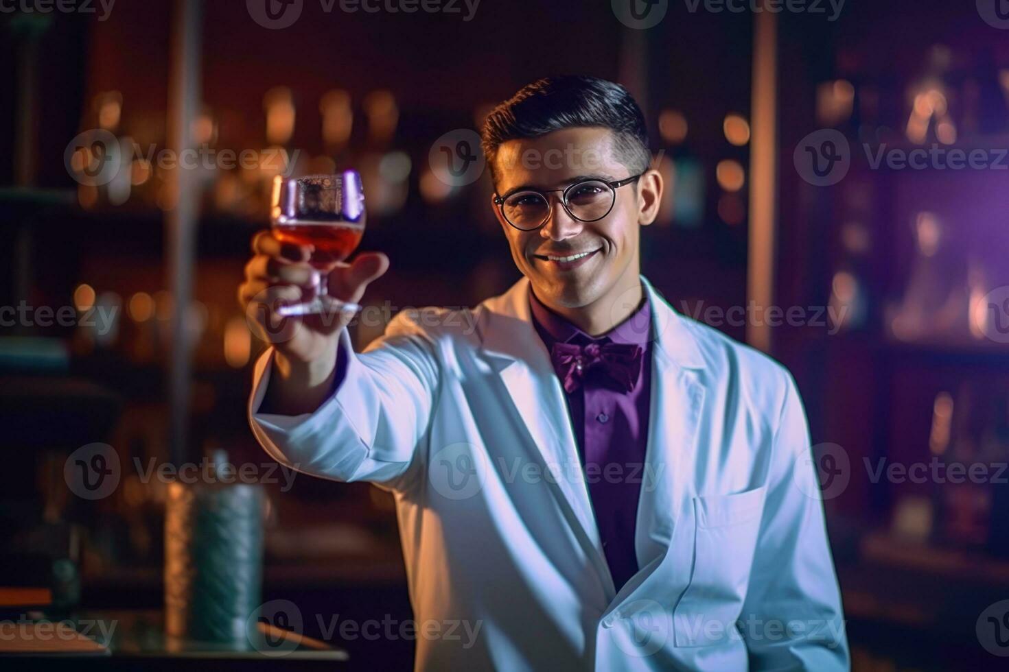 AI generated Sophisticated bartender in a lab coat holding a brandy glass photo
