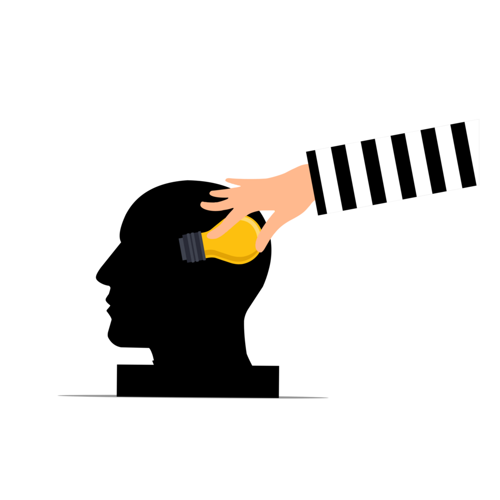 a hand reaching into a man's head to get a light bulb from it png