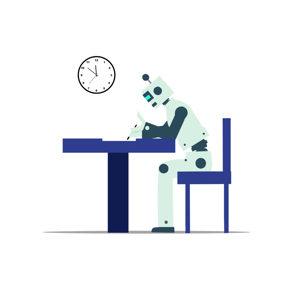 a robot sitting at a table with a clock on it png