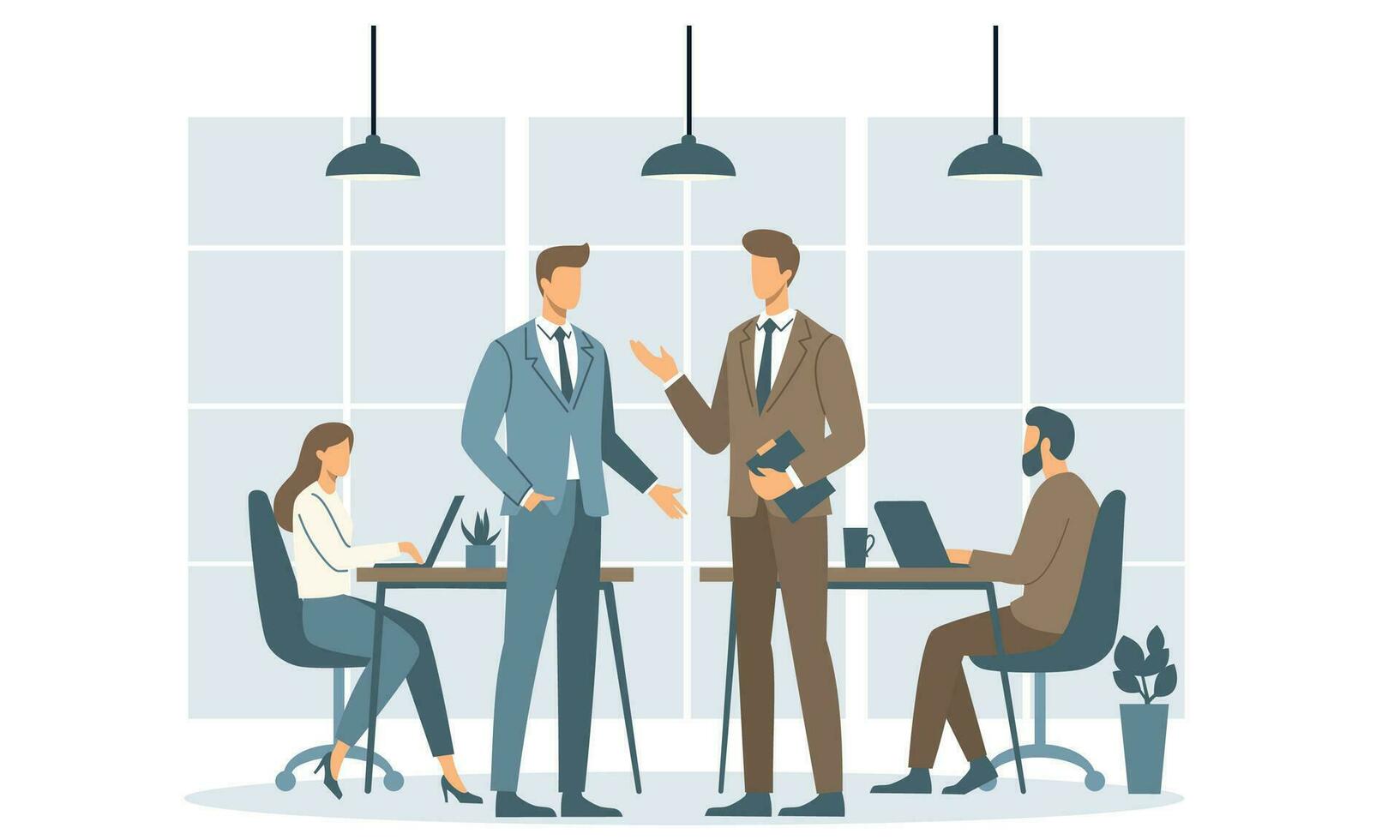 plano vector ilustración. personas trabajando en oficina, dos trabajadores en oficina ropa hablando a cada otro, hombre y mujer trabajando a ordenador portátil.