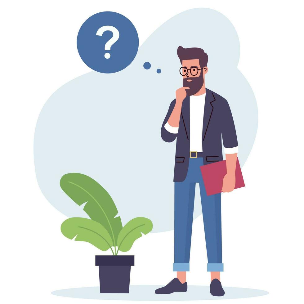 Flat vector illustration. Man standing in a pensive pose. The concept of searching for the solution of the problem