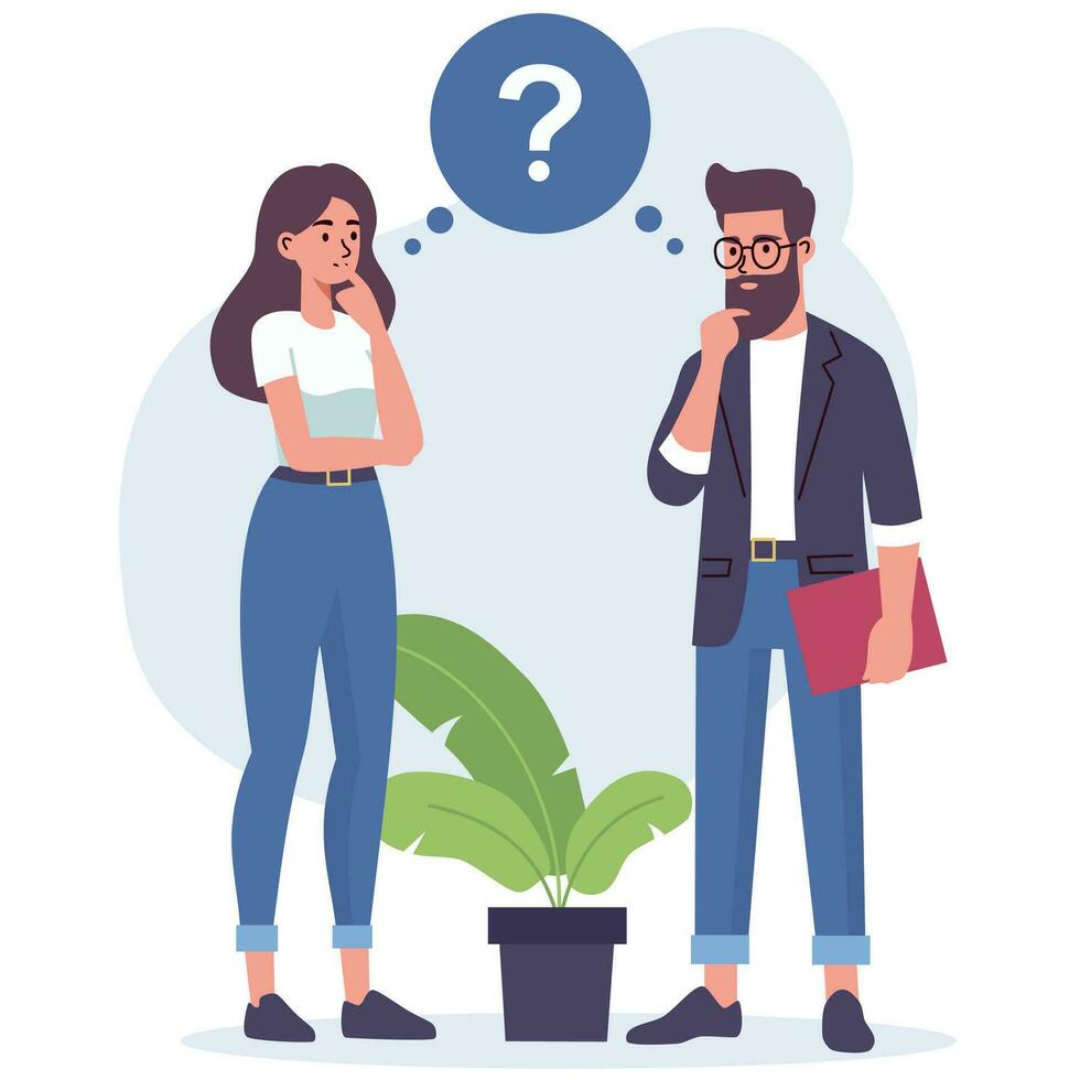 Flat vector illustration. A woman and a man are discussing issues, thinking about making a decision, coming up with an idea. Concept of joint idea