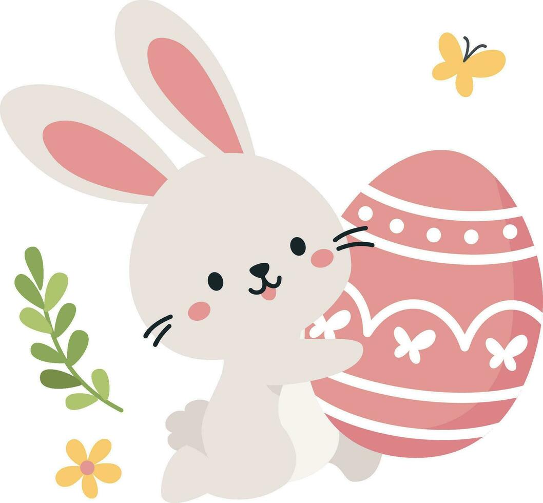 Flat vector illustration. Cute bunny running with Easter egg