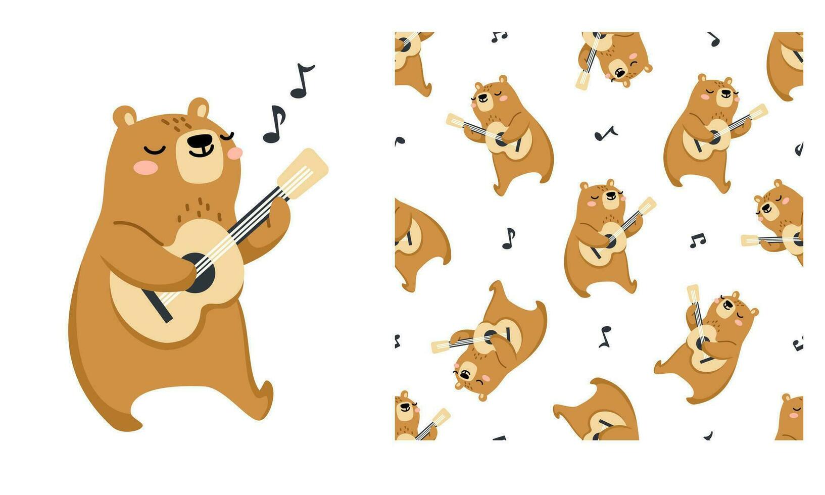 Vector set for printing on children's products. Cute print for printing and seamless vector pattern. Cute bear playing guitar, notes