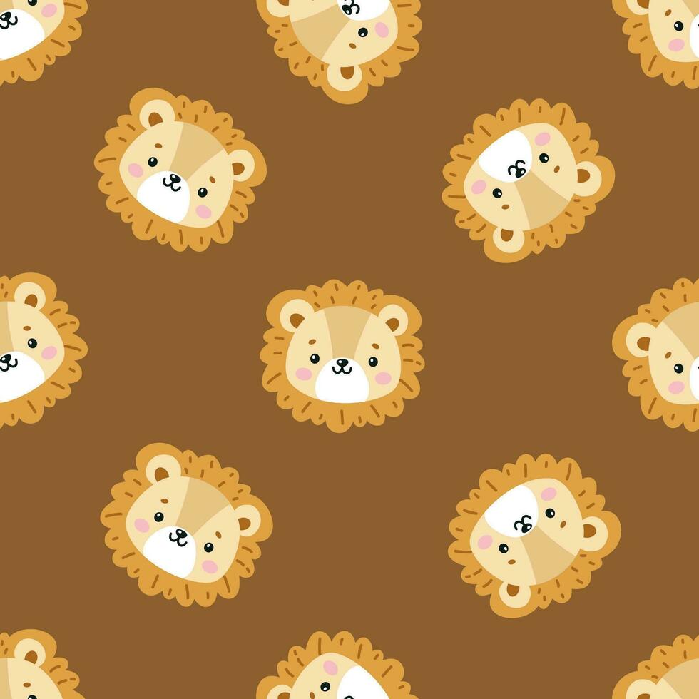 Faces of a cute little lion cub, cat footprints. Cute animal faces on dark brown background vector