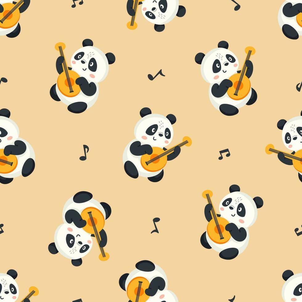 Seamless vector pattern on beige background. Cute panda dancing and playing guitar