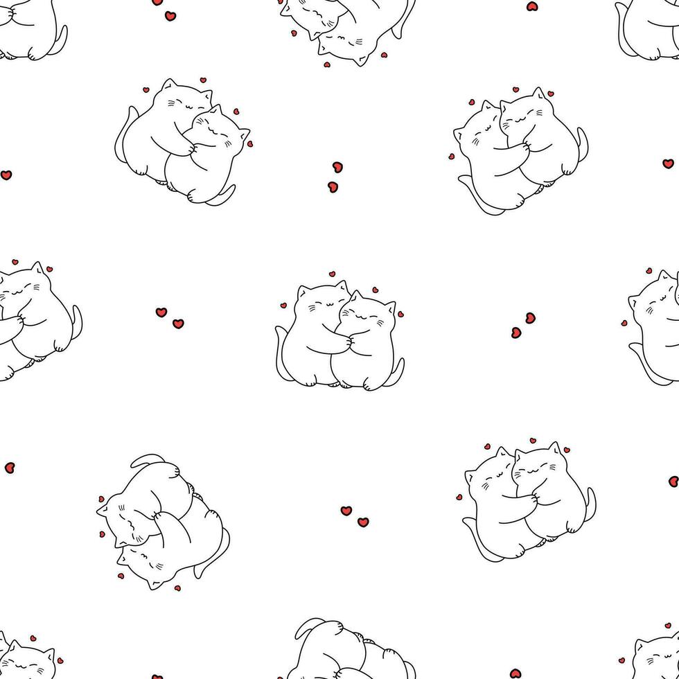 Seamless vector pattern. Cute fat kitties hugging, hearts. Valentine's Day pattern, animals in love