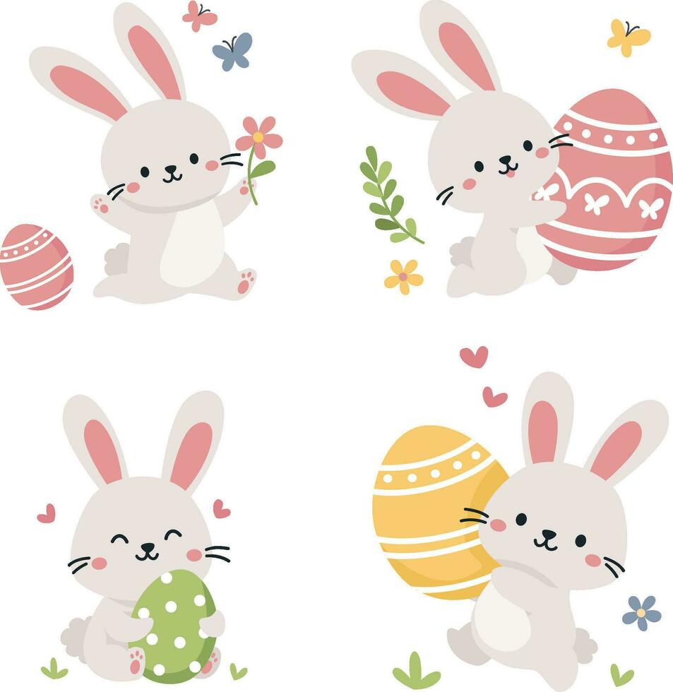 Set of flat vector illustrations for Easter holiday. Cute bunnies running with Easter eggs, grass, butterflies and flowers