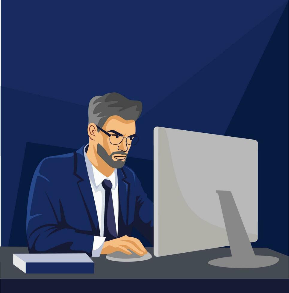 Vector Illustration. Serious man in a business suit working at a laptop.