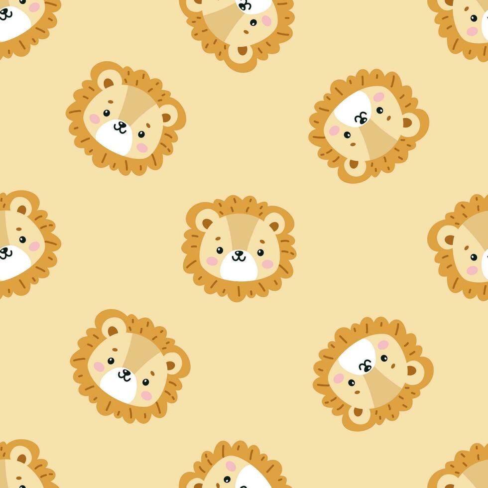 Faces of a cute little lion cub, cat footprints. Cute animal faces on beige background vector