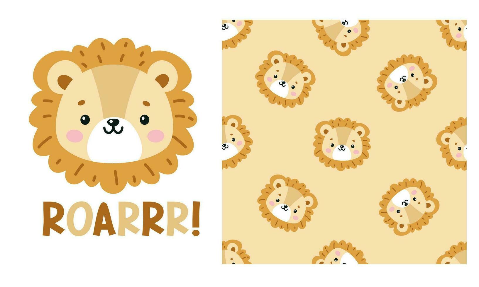 Vector seamless pattern and print for printing on clothing. Cute lion cub, Roar Lettering. Faces of a cute little lion cub, roar lettering, cat footprints. Cute animal faces on white background