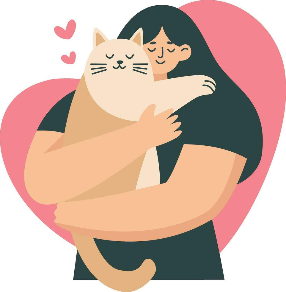 Flat vector illustration. Girl hugging her cat. Concept of love to animals and careful attitude