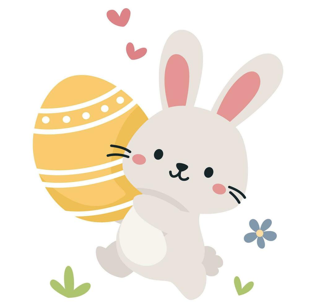 Flat vector illustration. Cute bunny running with Easter egg