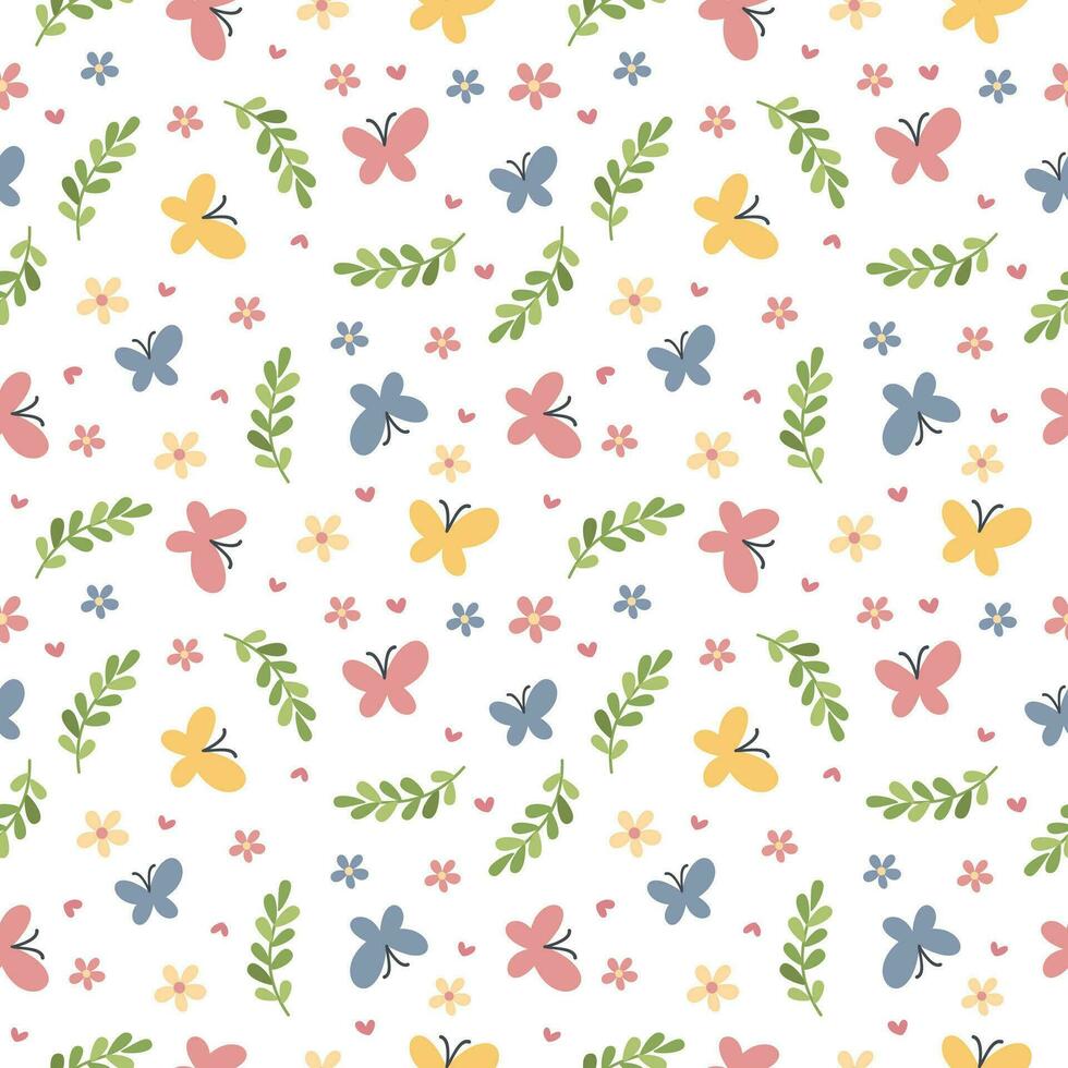 Seamless vector pattern. Multicolored butterflies, flowers and leaves. Pattern on white background