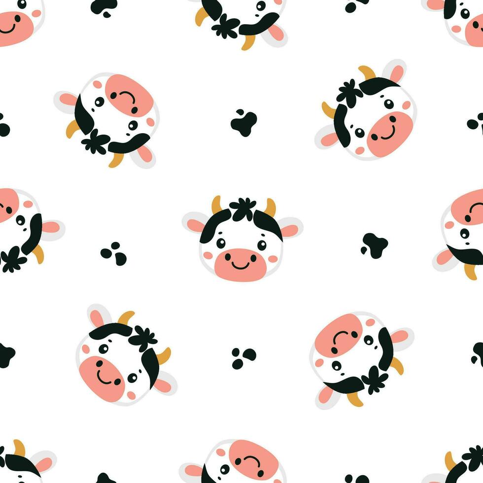 Seamless vector pattern. Cute faces of white cow with black spots on white background