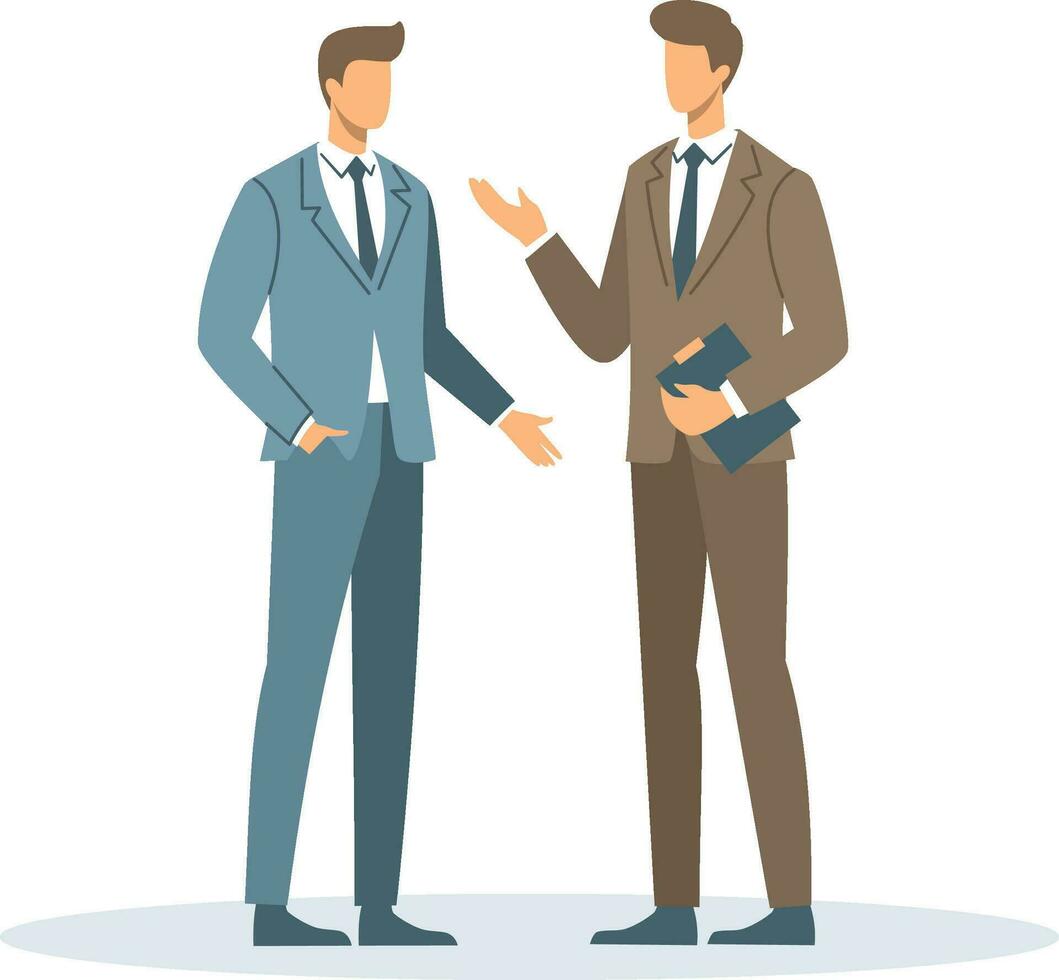 Flat vector illustration. Two office workers in business suits talking to each other