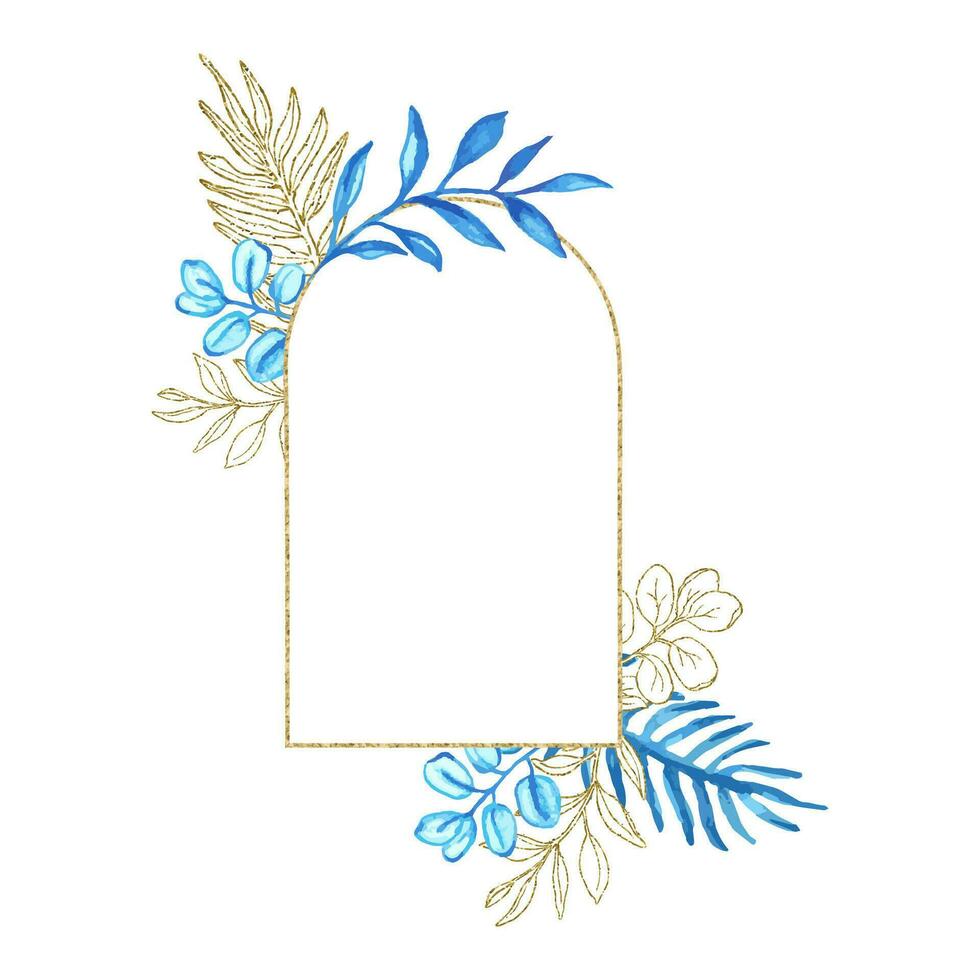 Golden frame with blue watercolor leaves for wedding card and invite vector