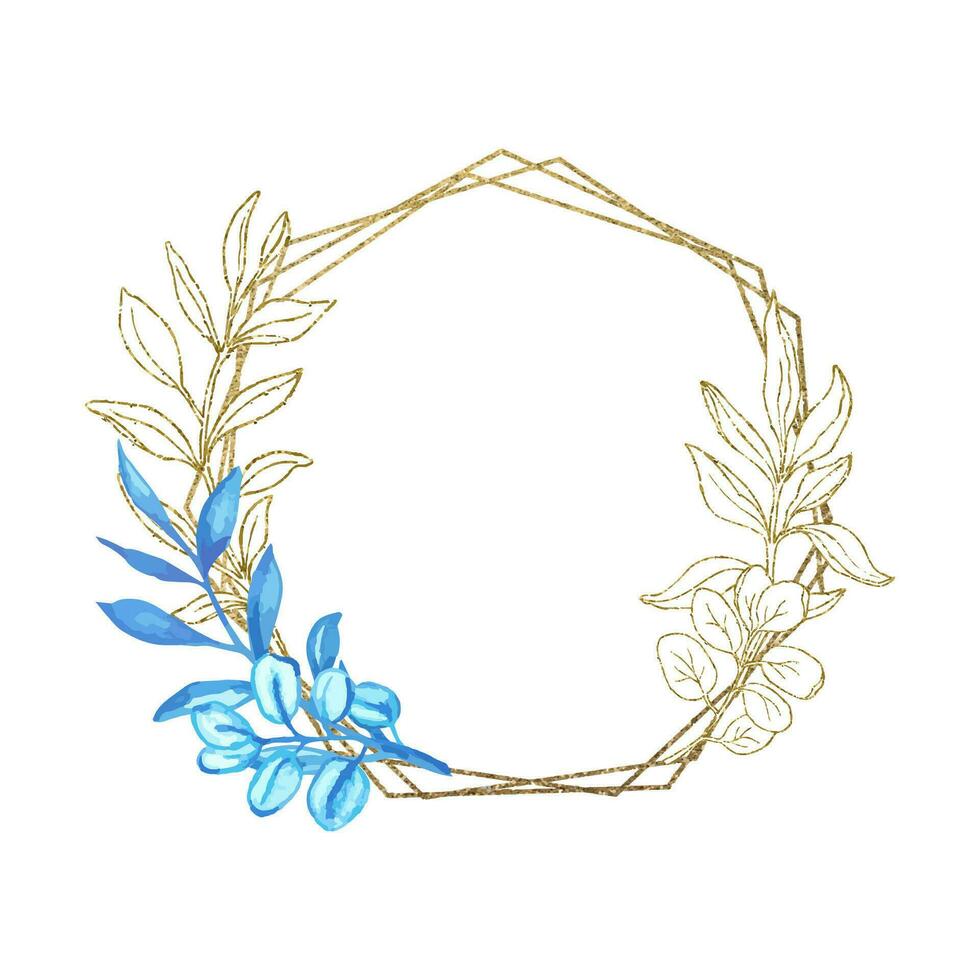 dorado marco con azul acuarela hojas para Boda tarjeta y invitación vector