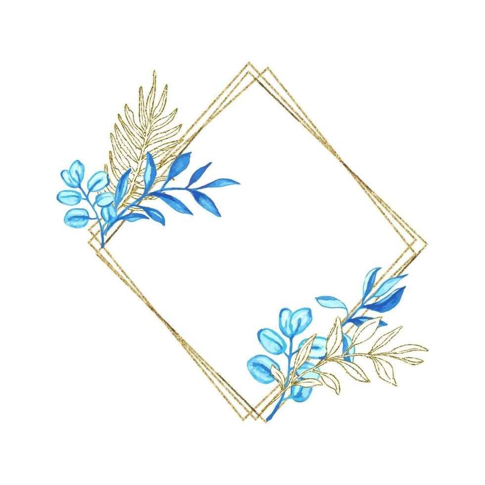Golden frame with blue watercolor leaves for wedding card and invite vector