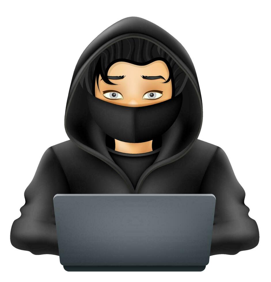 young hacker programmer it specialist coder sitting at a laptop in a sweater with a hood vector illustration