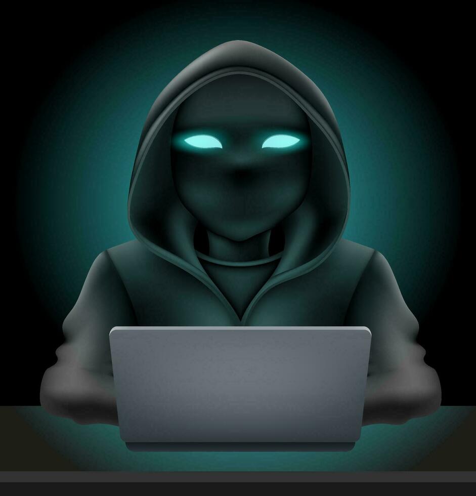 young hacker programmer it specialist coder sitting at a laptop in a sweater with a hood vector illustration