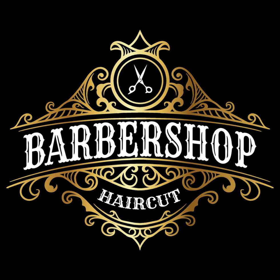 Barbershop vintage luxury frame logo badge with victorian ornament vector