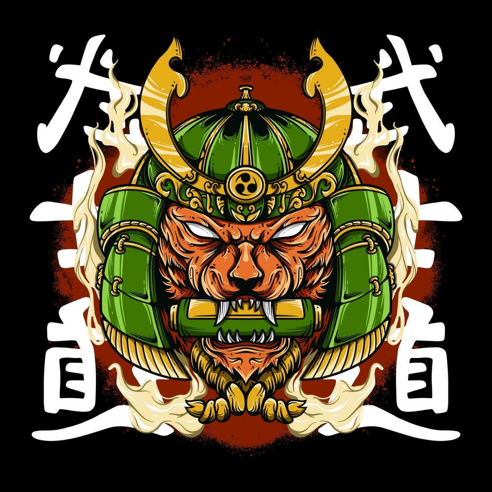 tiger head with samurai helmet and katana vector illustration