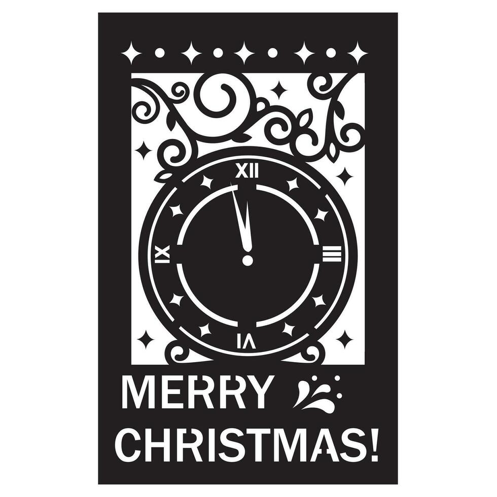 Christmas Card template with clock, papercut style, laser cutting file vector