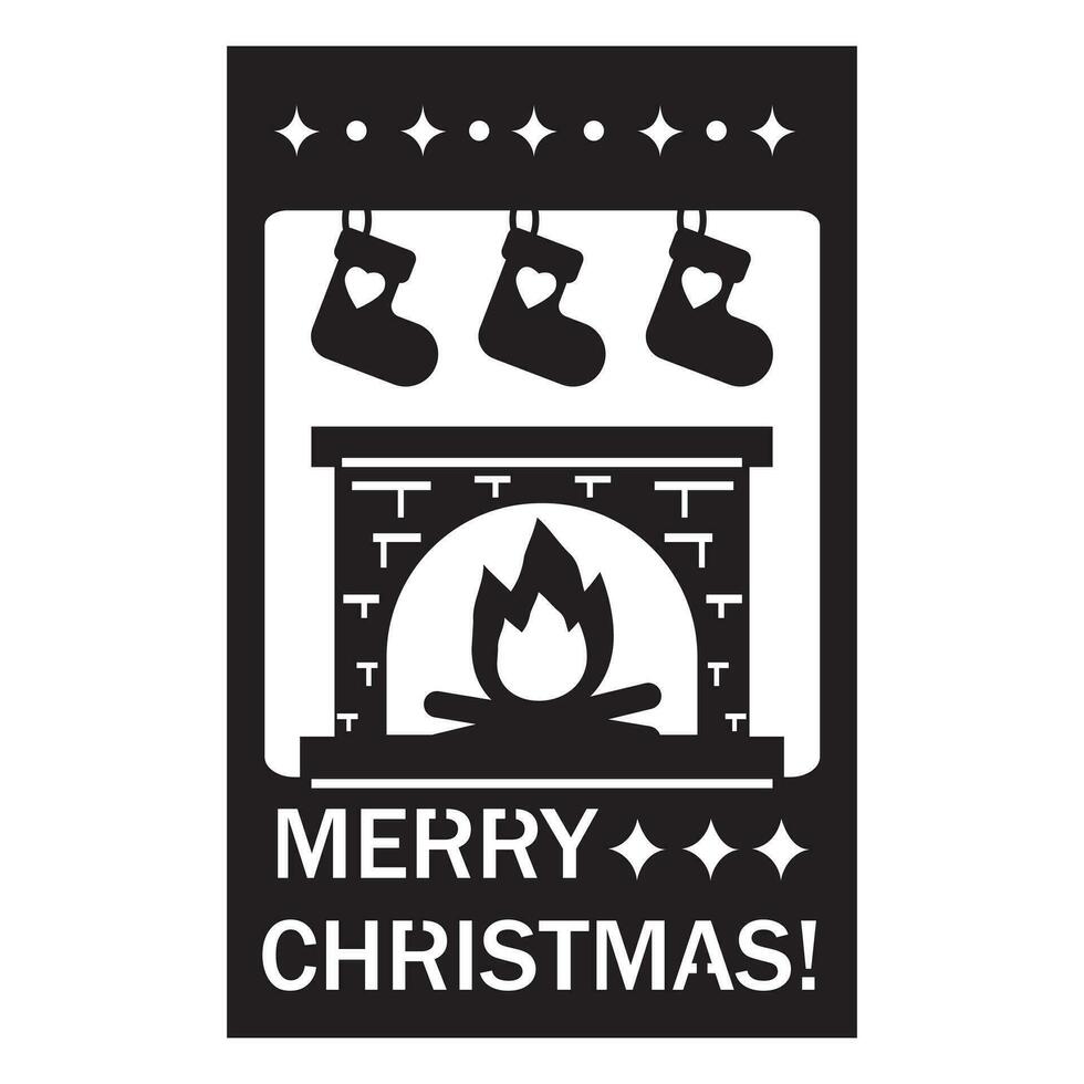 Christmas card template with fireplace and Christmas stocking, file cutting, vector illustration
