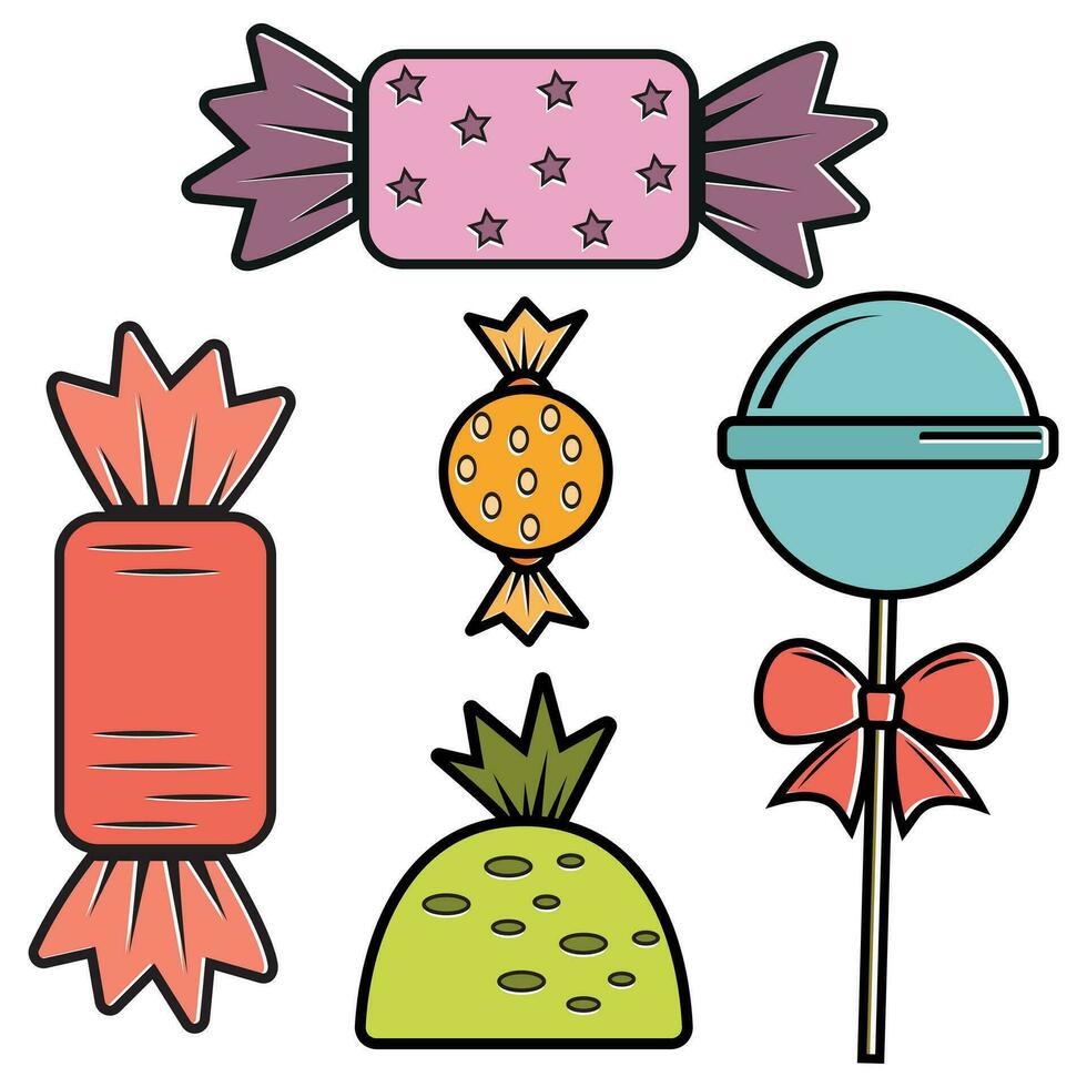 A set of sweets in the cartoon style. Color isolated vector illustration.