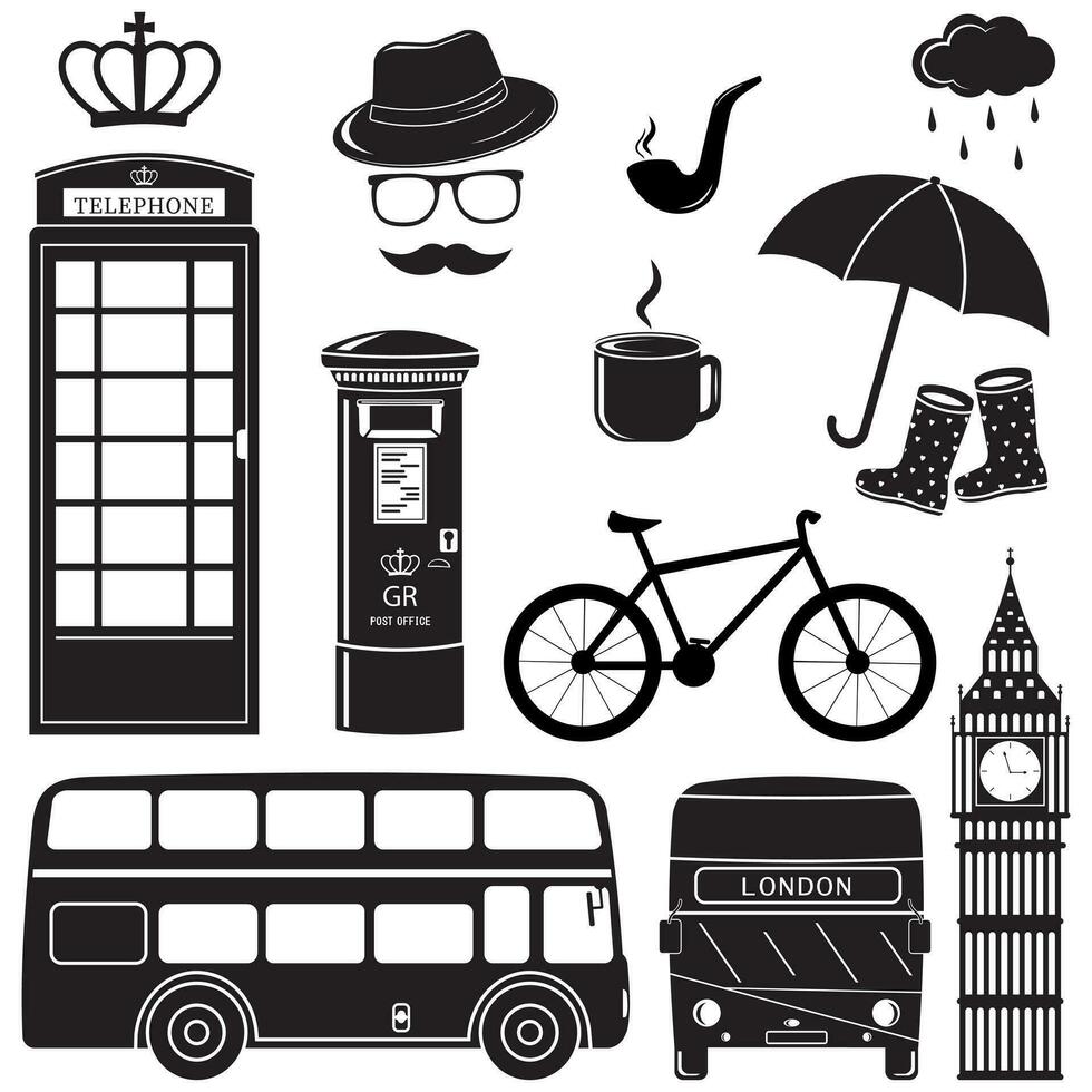 Vector set of London attractions. a set of vector silhouette illustrations of the sights of London, England.