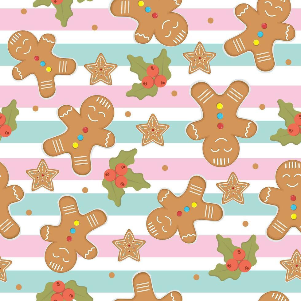 Christmas festive pattern with gingerbread man, vector illustration in cartoon style