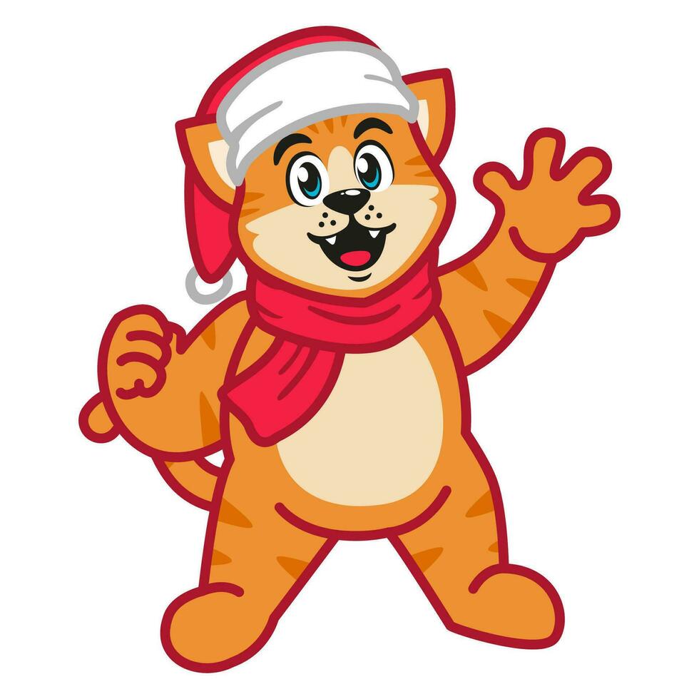 a cat wearing a red scarf and christmas hat vector