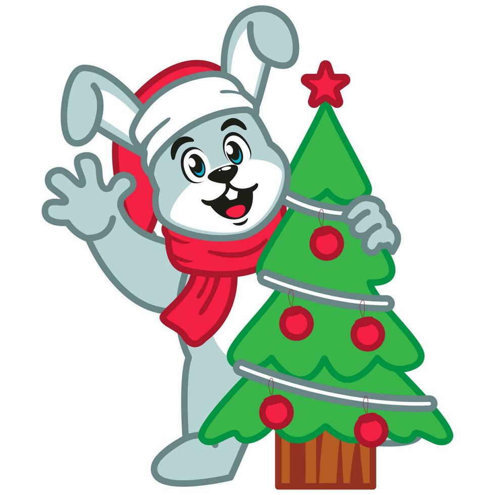 Cute Rabbit or Bunny with Christmas Tree vector