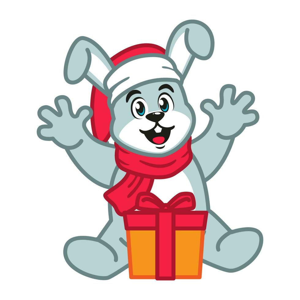 a Cute Rabbit in a Santa Hat and red scarf Holding a Christmas Gift vector