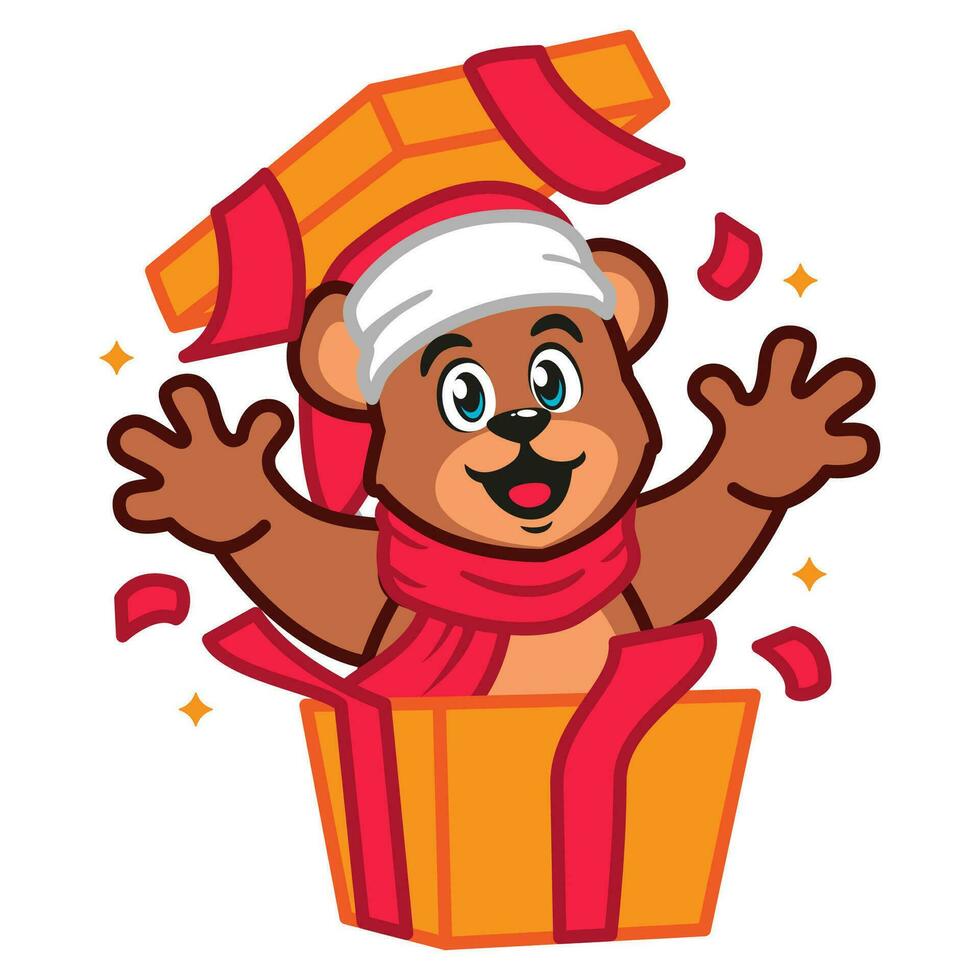 un osito de peluche oso vistiendo un Papa Noel claus sombrero y bufanda con regalo caja vector