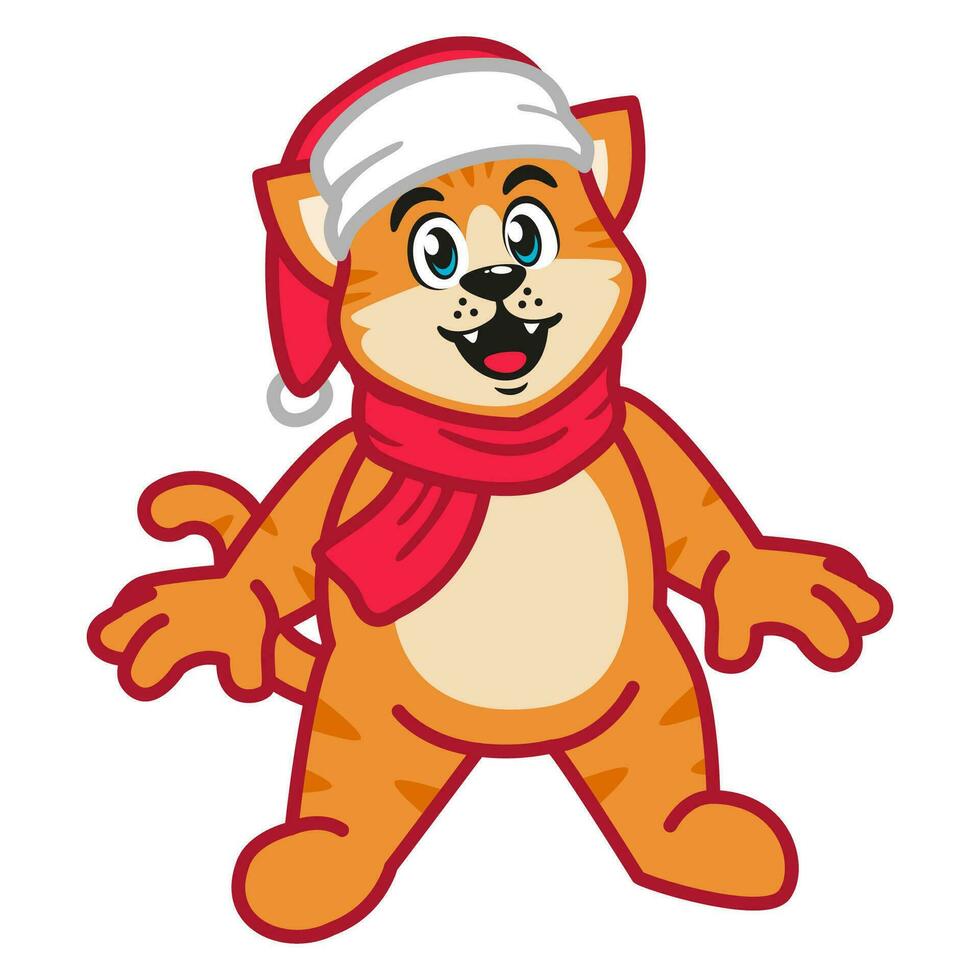 a cat wearing a red scarf and christmas hat vector