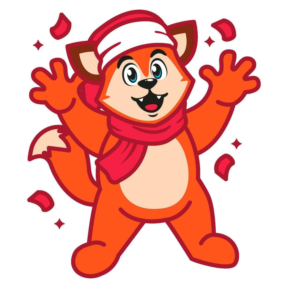 Cute Fox Animal Character Wearing Santa Hat and scarf vector