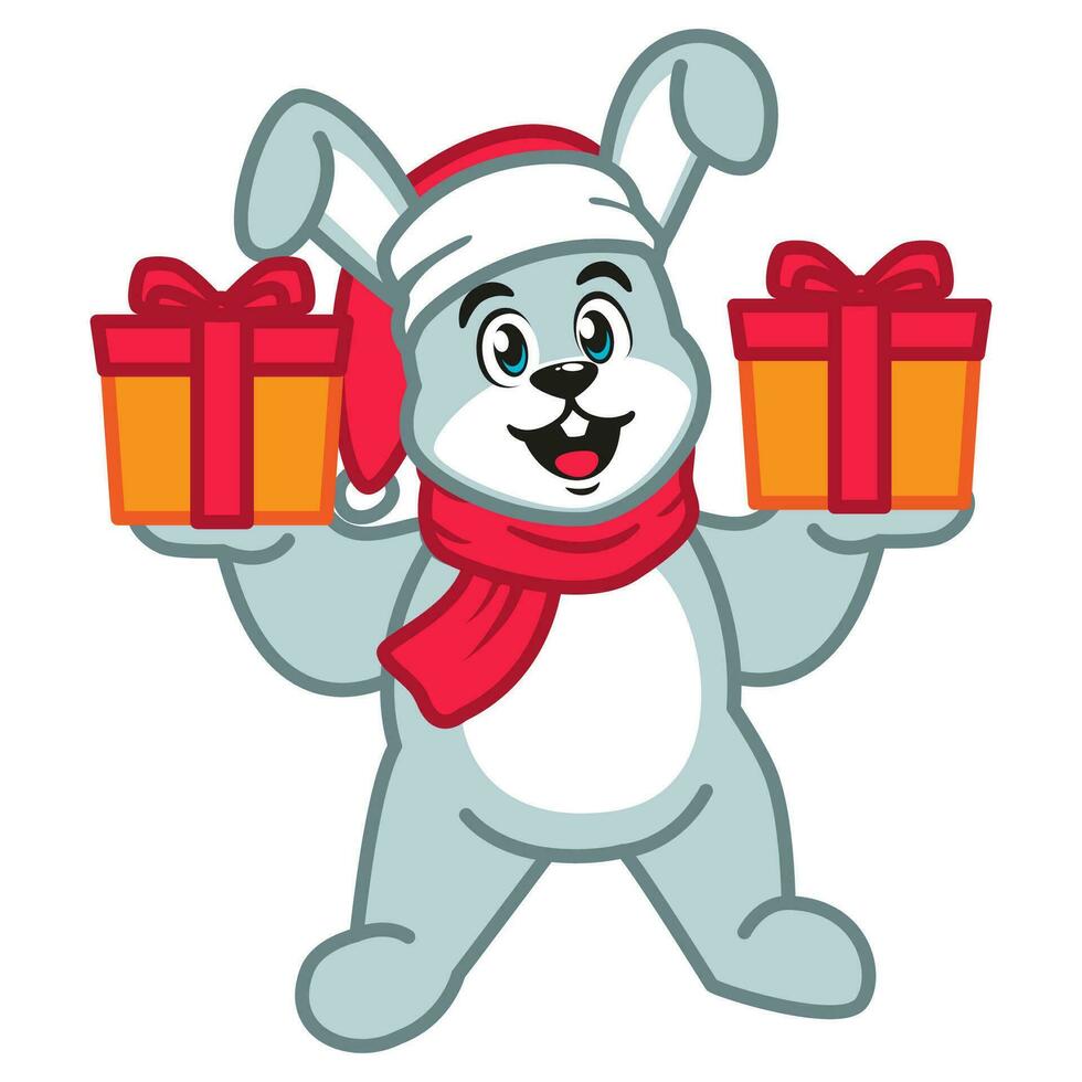 a Cute Rabbit in a Santa Hat and red scarf Holding a Christmas Gift vector