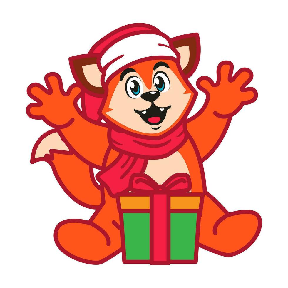 a Cute Fox in a santa Hat and Scarf Holding Christmas Gift vector