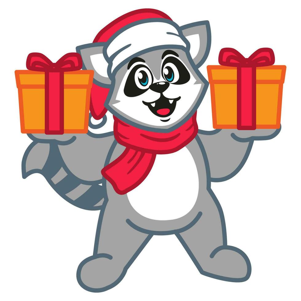 Cartoon raccoon in a red scarf and a santa hat with christmas gifts vector