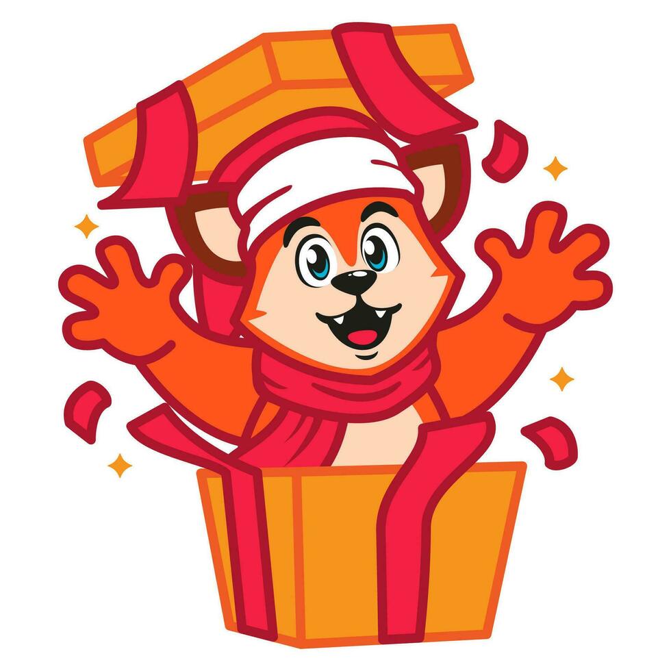 a Cute Fox in a santa Hat and Scarf with Christmas Gift vector