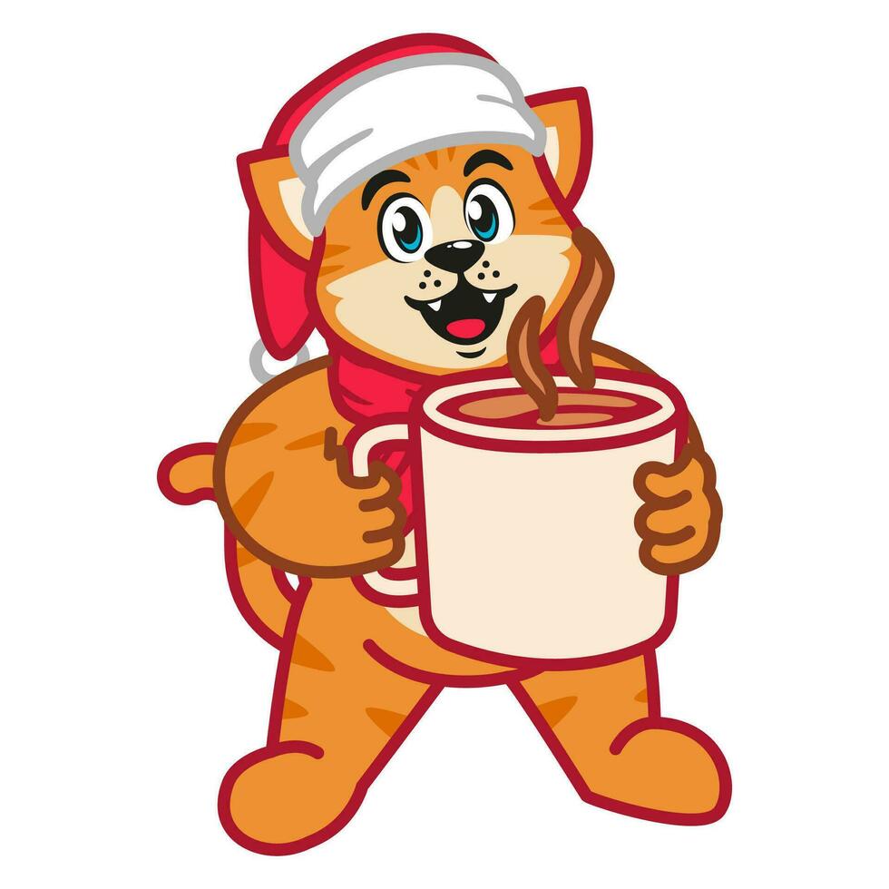 a cat in a Santa hat holding a mug of hot chocolate vector